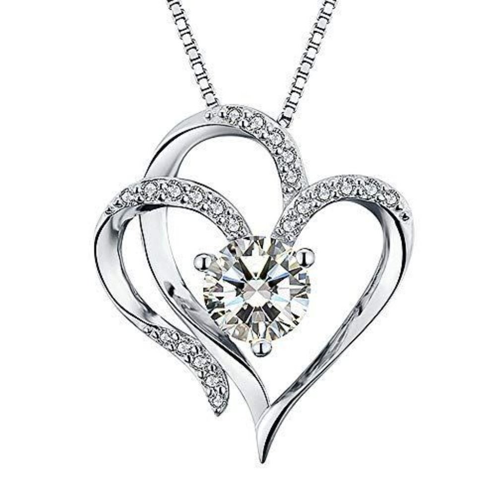 14K White Gold Plated 5A CZ Heart Pendant Necklace